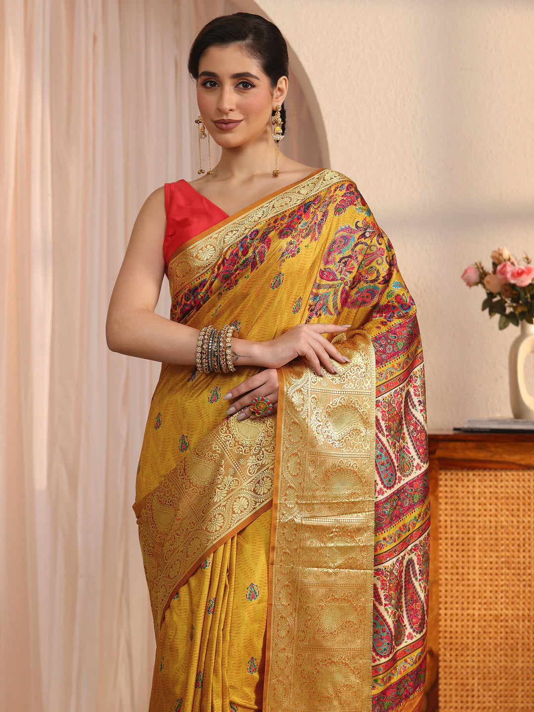 Libas Mustard Paisley Printed Silk Blend Saree with Woven Border