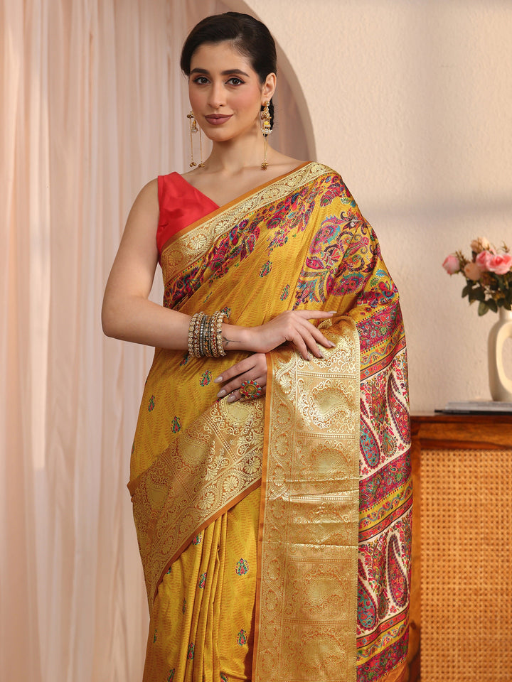 Libas Mustard Paisley Printed Silk Blend Saree with Woven Border