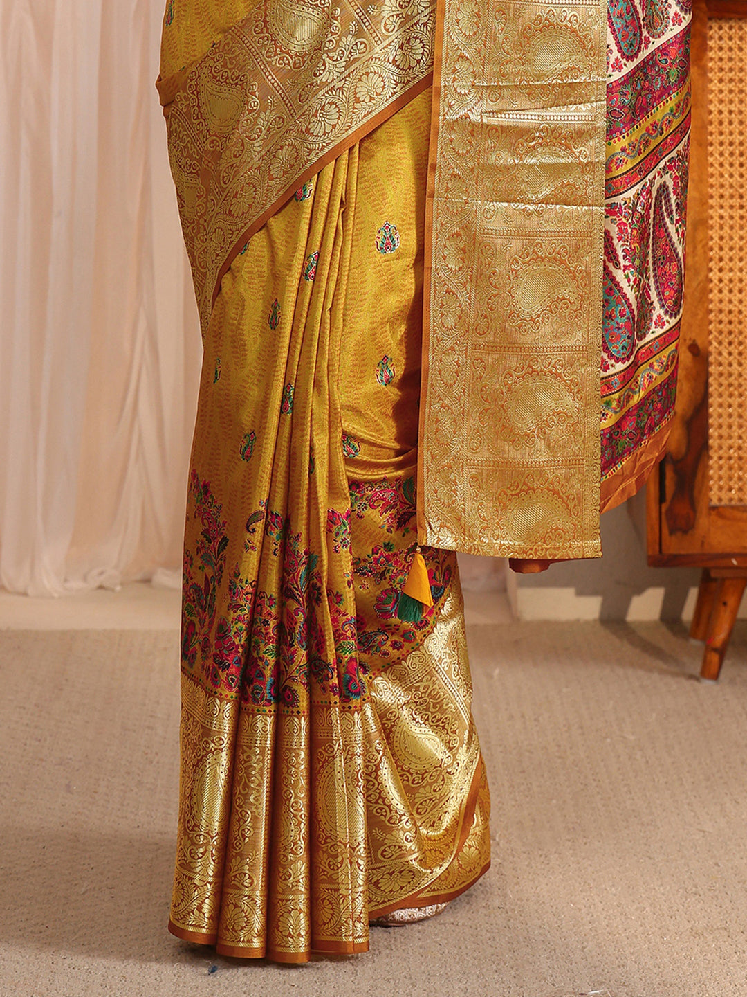 Libas Mustard Paisley Printed Silk Blend Saree with Woven Border