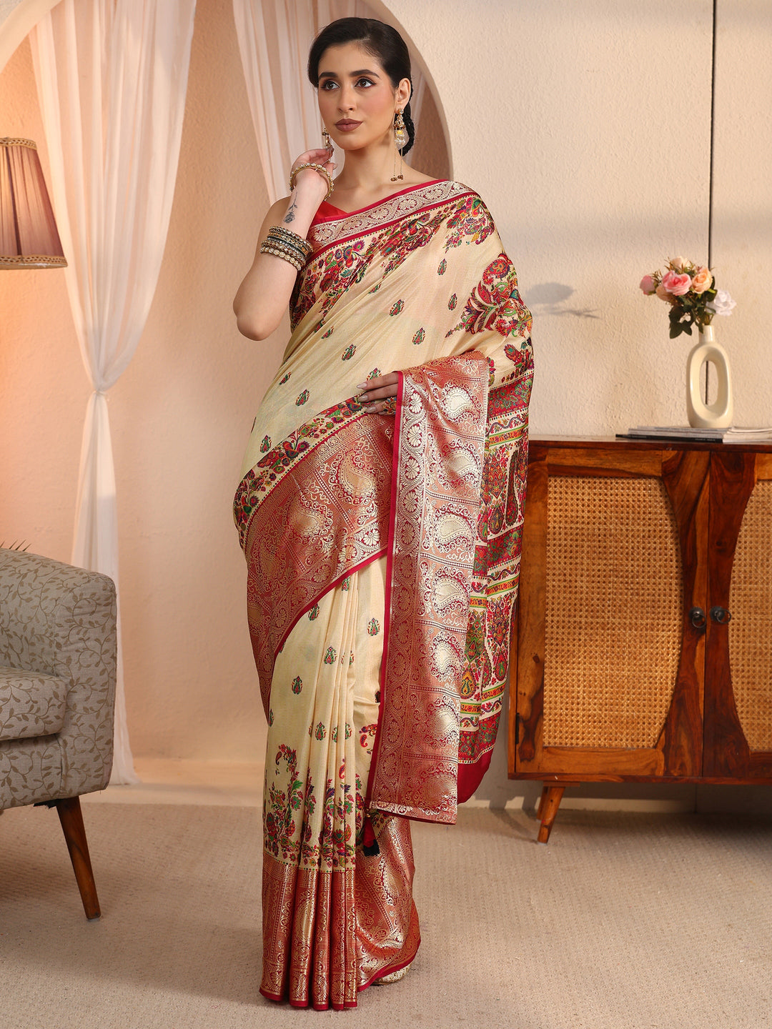 Libas Beige Paisley Printed Silk Blend Saree with Woven Border
