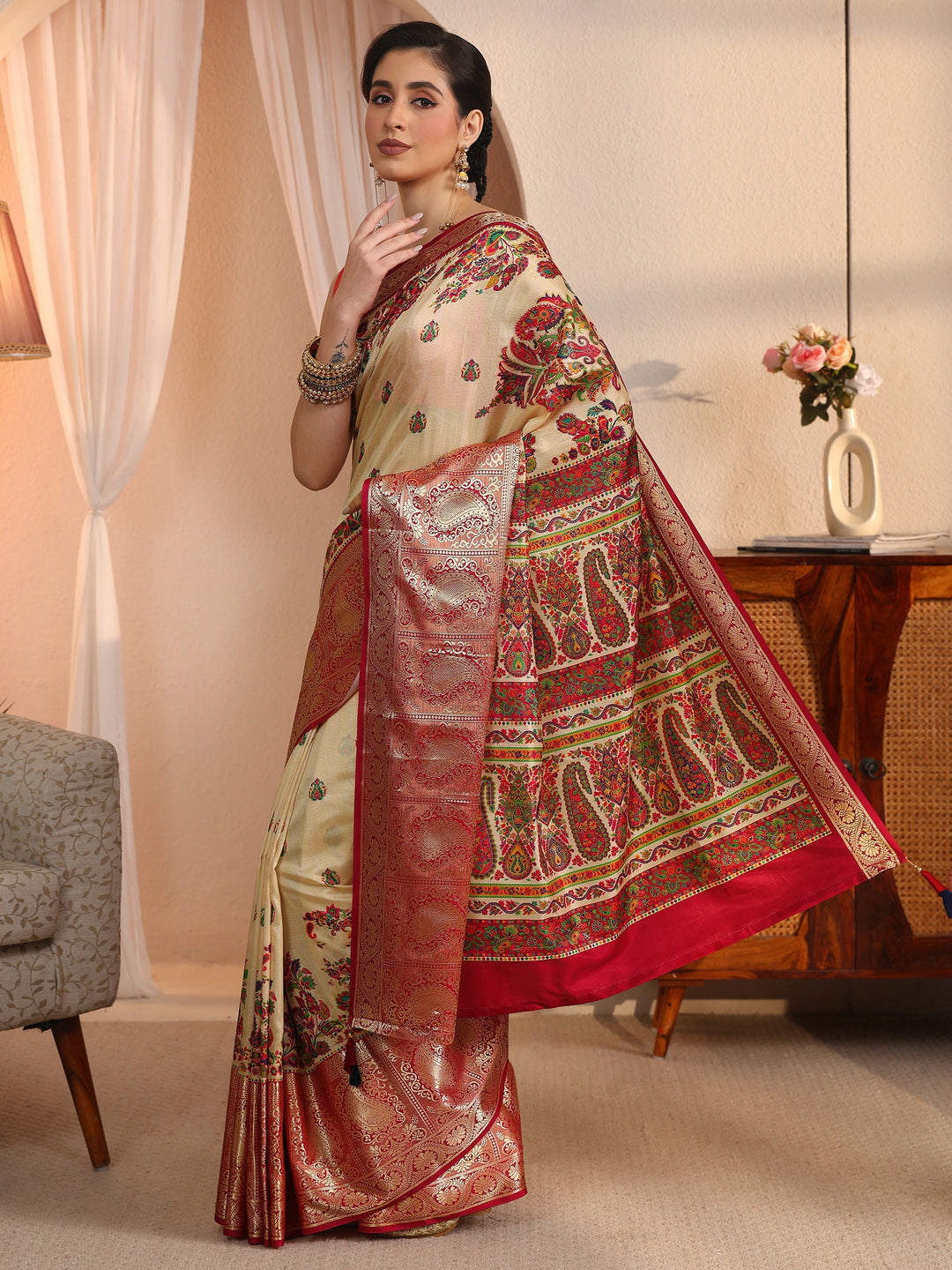 Libas Beige Paisley Printed Silk Blend Saree with Woven Border