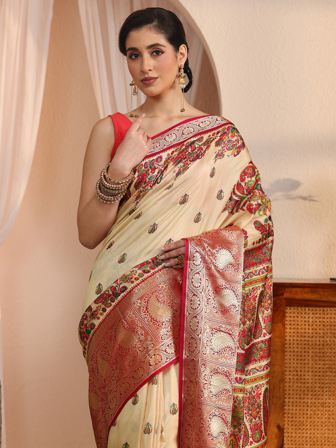 Libas Beige Paisley Printed Silk Blend Saree with Woven Border
