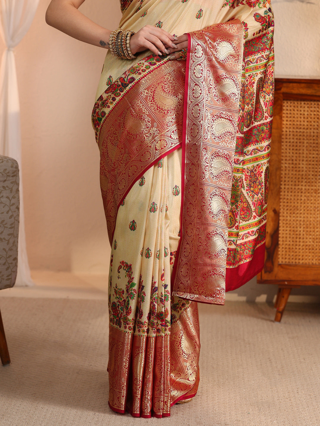 Libas Beige Paisley Printed Silk Blend Saree with Woven Border