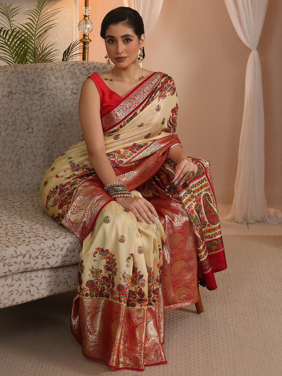 Libas Beige Paisley Printed Silk Blend Saree with Woven Border