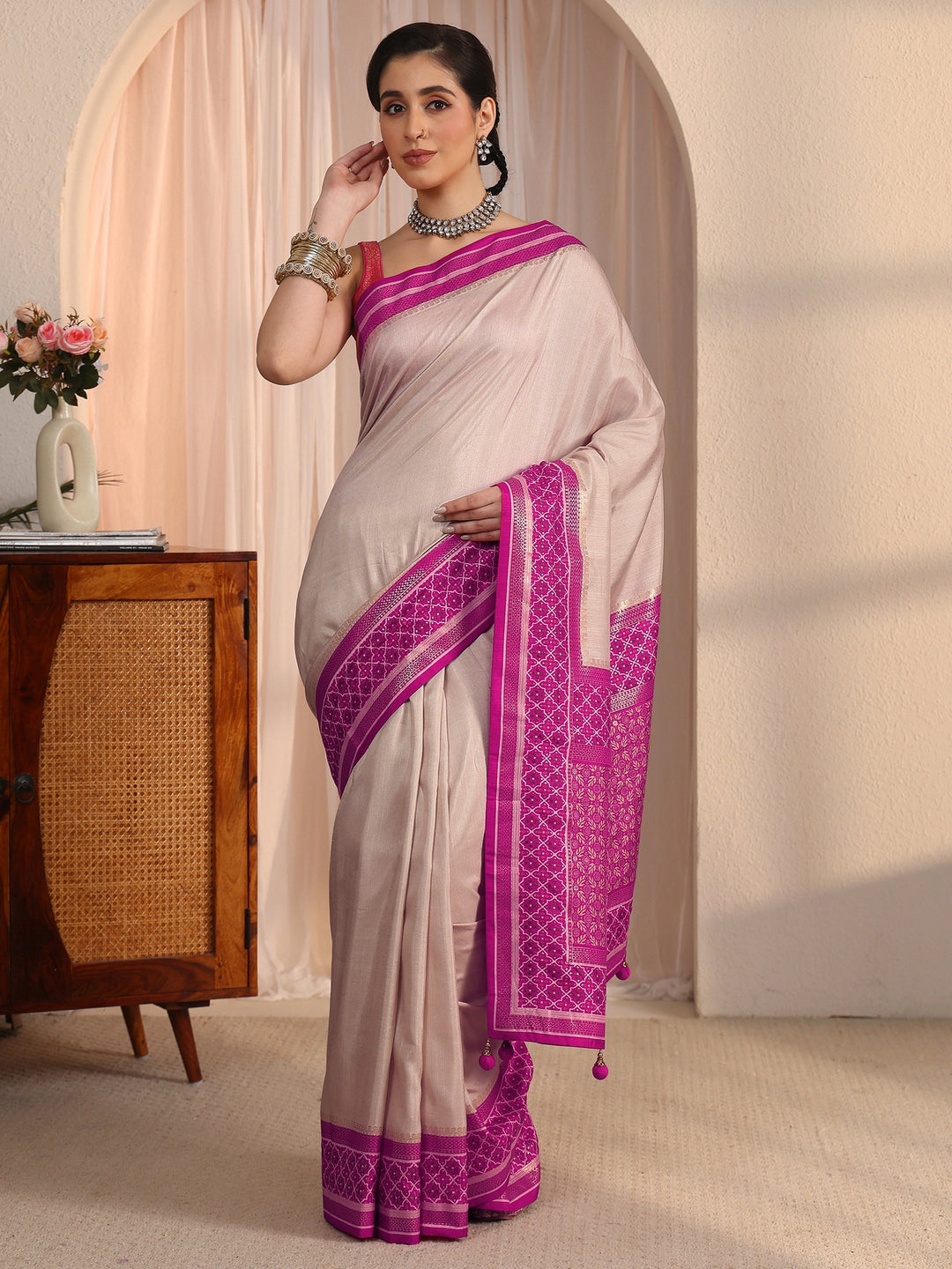 Libas Cream and Pink Silk Blend Saree with Printed Border