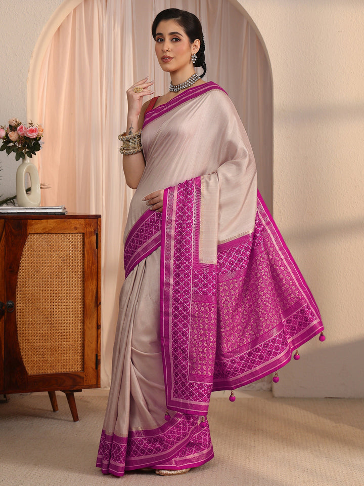 Libas Cream and Pink Silk Blend Saree with Printed Border