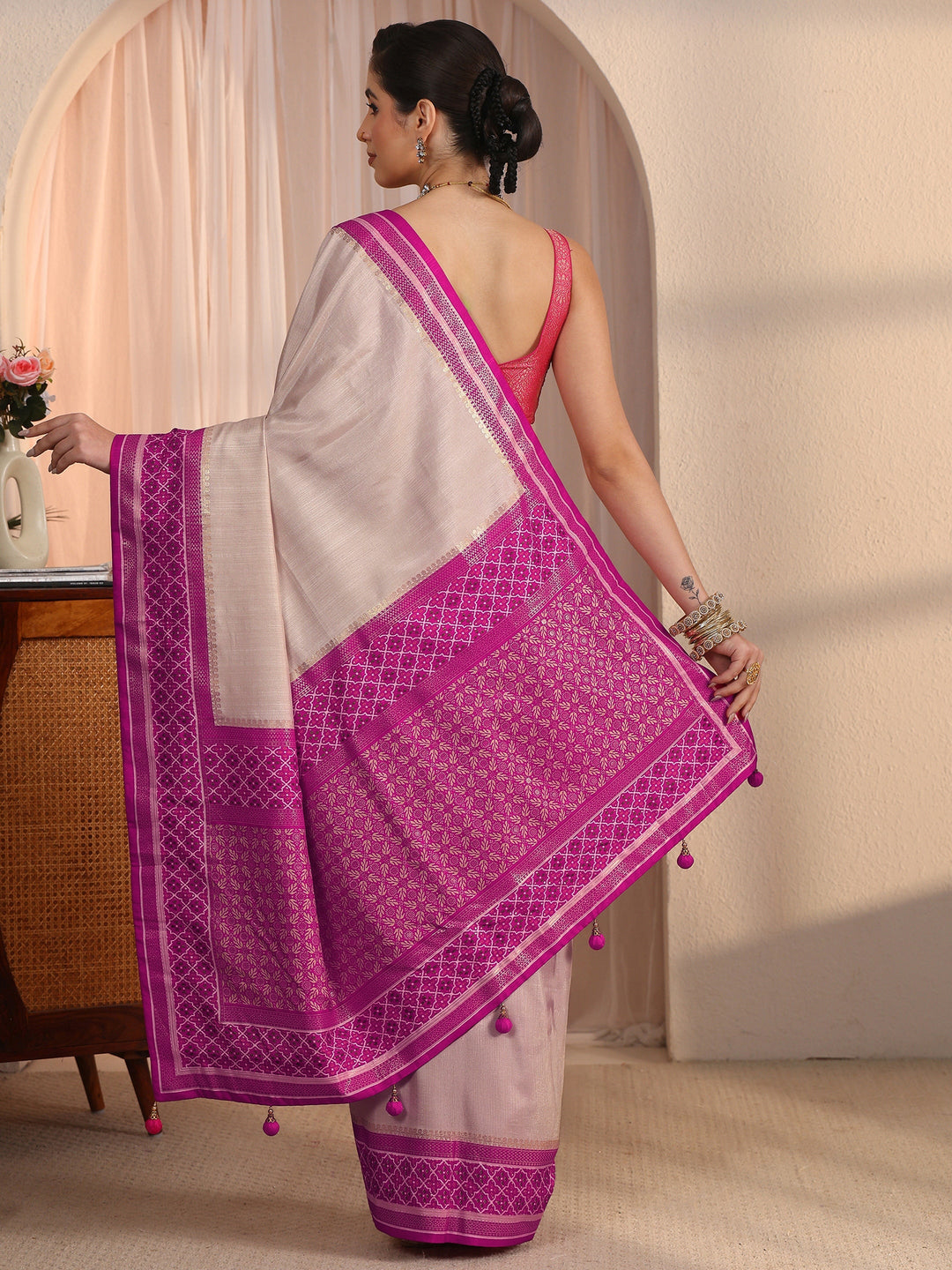 Libas Cream and Pink Silk Blend Saree with Printed Border