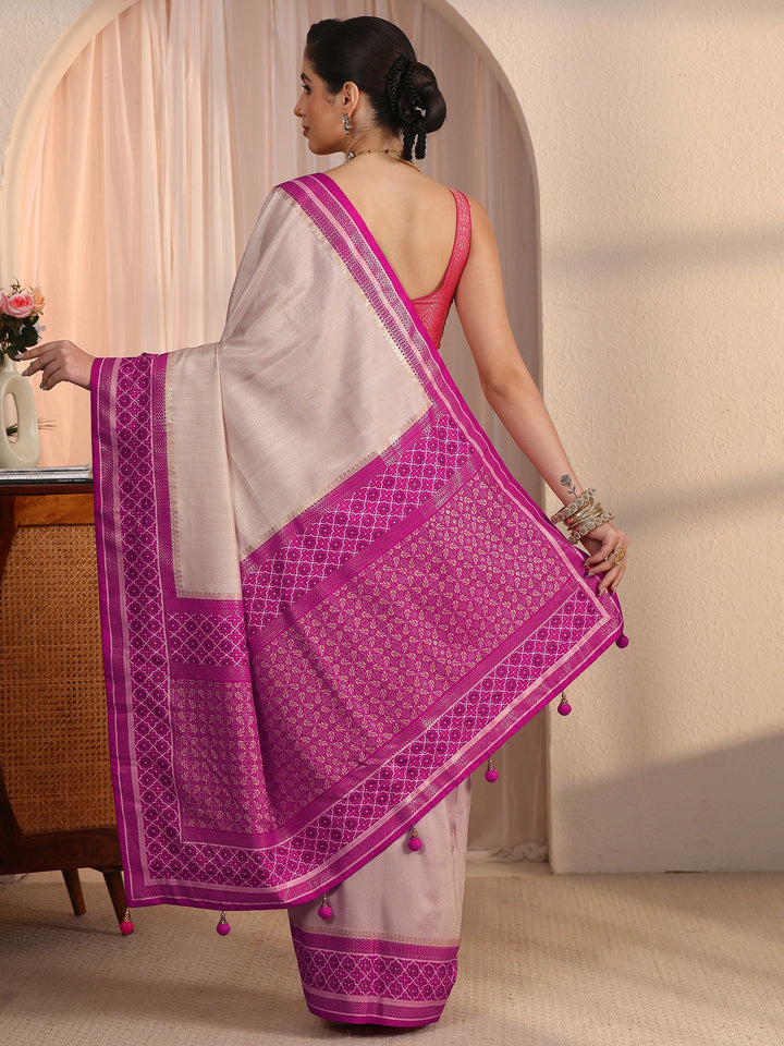 Libas Cream and Pink Silk Blend Saree with Printed Border