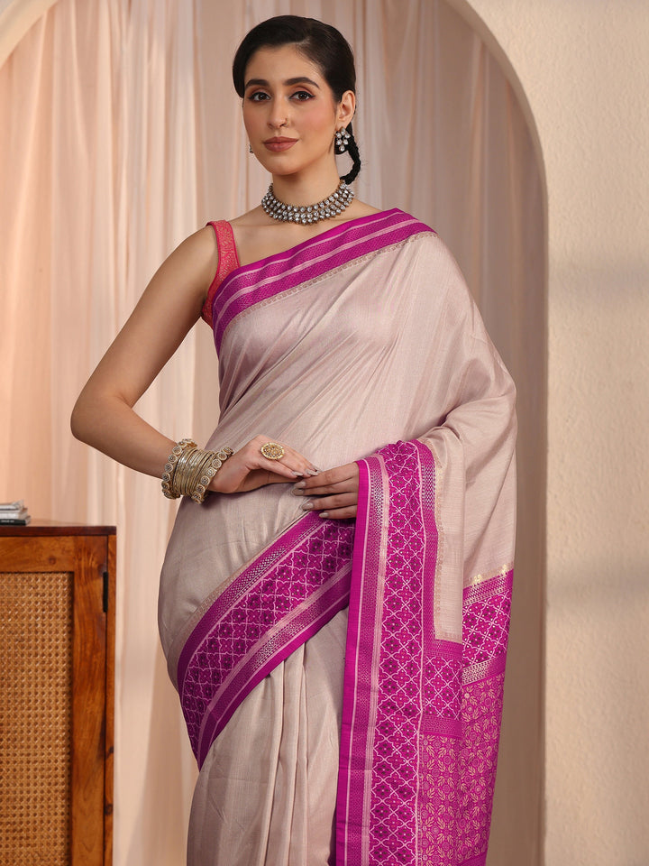 Libas Cream and Pink Silk Blend Saree with Printed Border