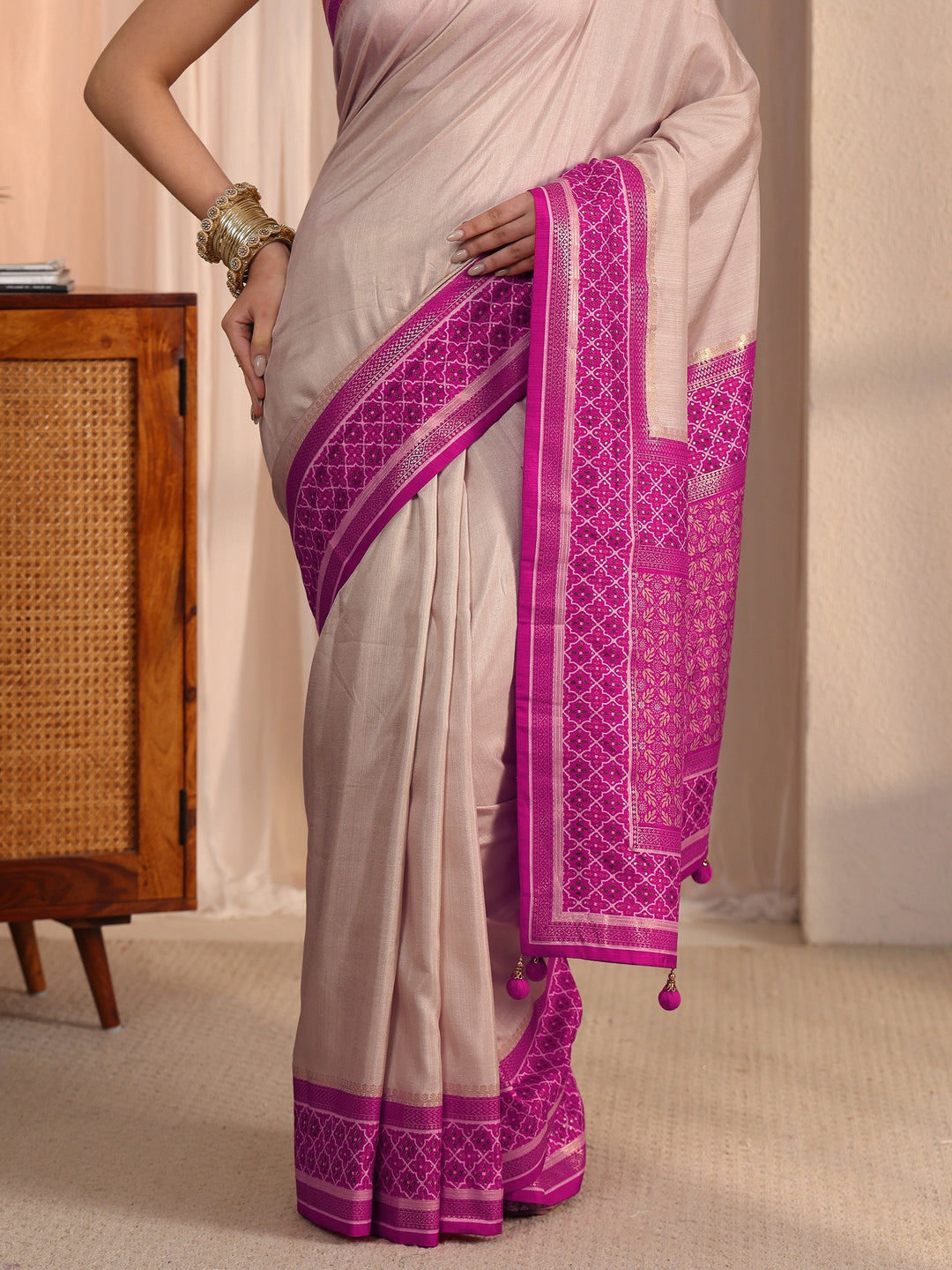 Libas Cream and Pink Silk Blend Saree with Printed Border