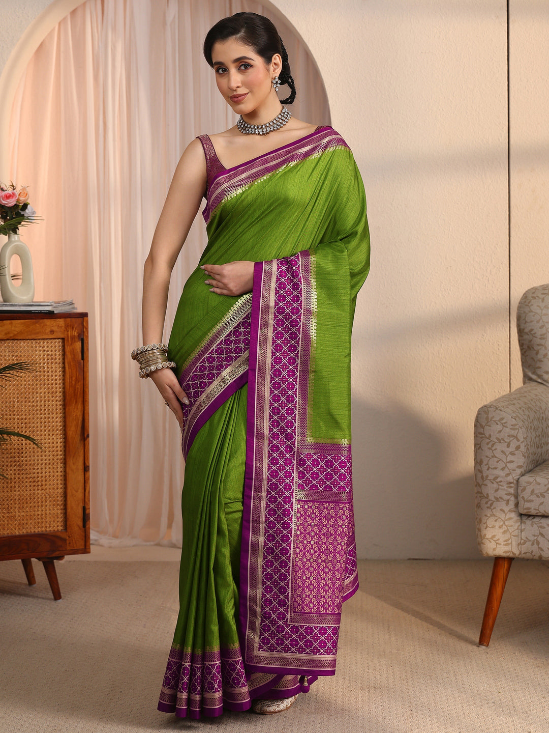 Libas Green and Purple Silk Blend Saree with Printed Border