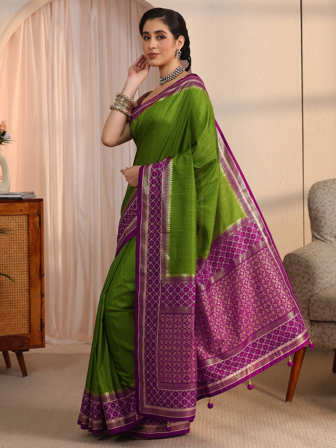Libas Green and Purple Silk Blend Saree with Printed Border