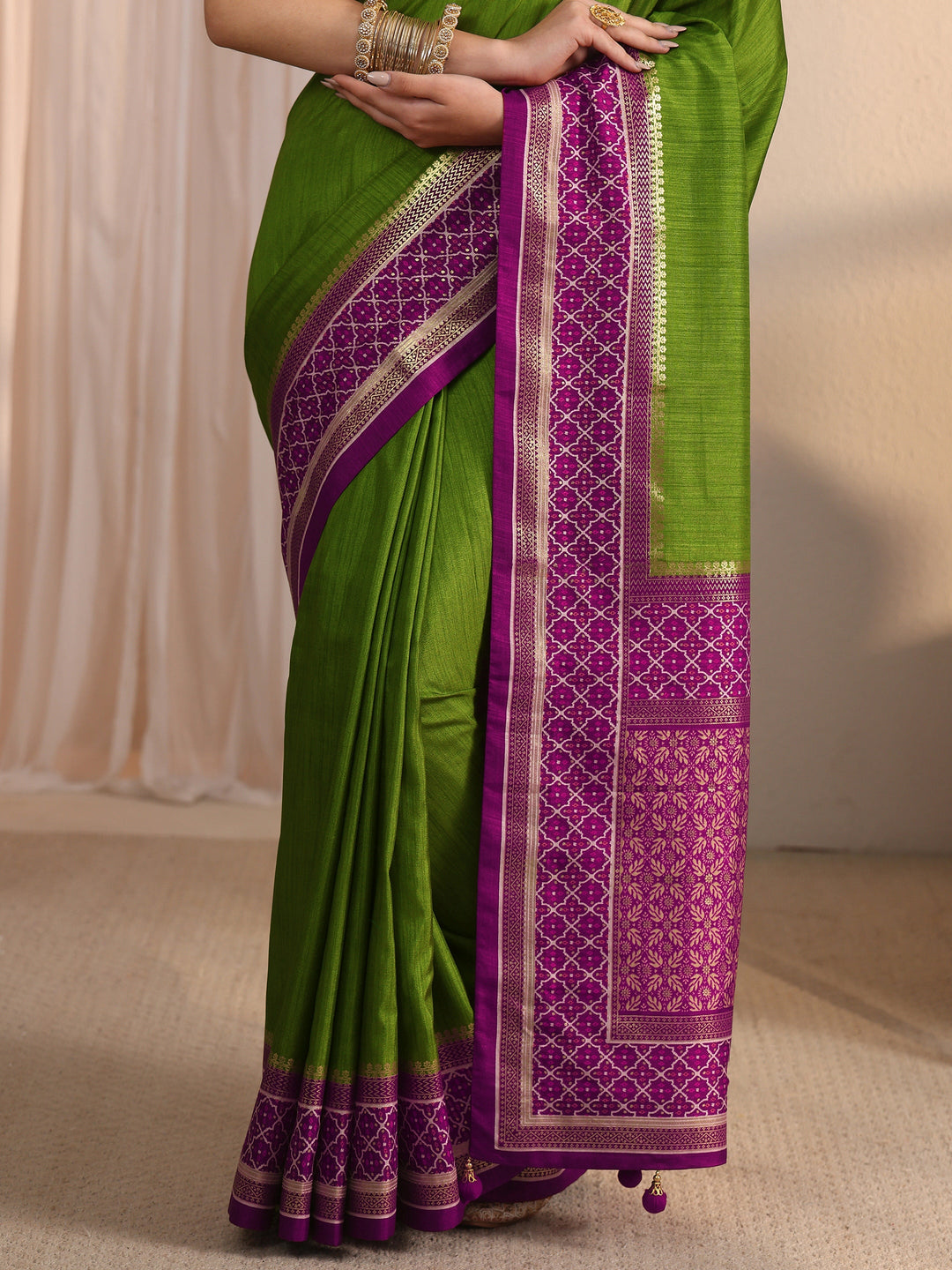 Libas Green and Purple Silk Blend Saree with Printed Border