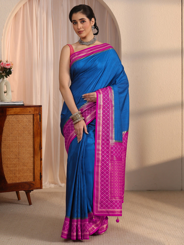 Libas Blue and Pink Silk Blend Saree with Printed Border