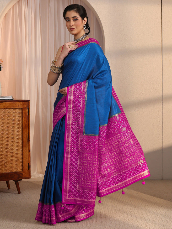 Libas Blue and Pink Silk Blend Saree with Printed Border