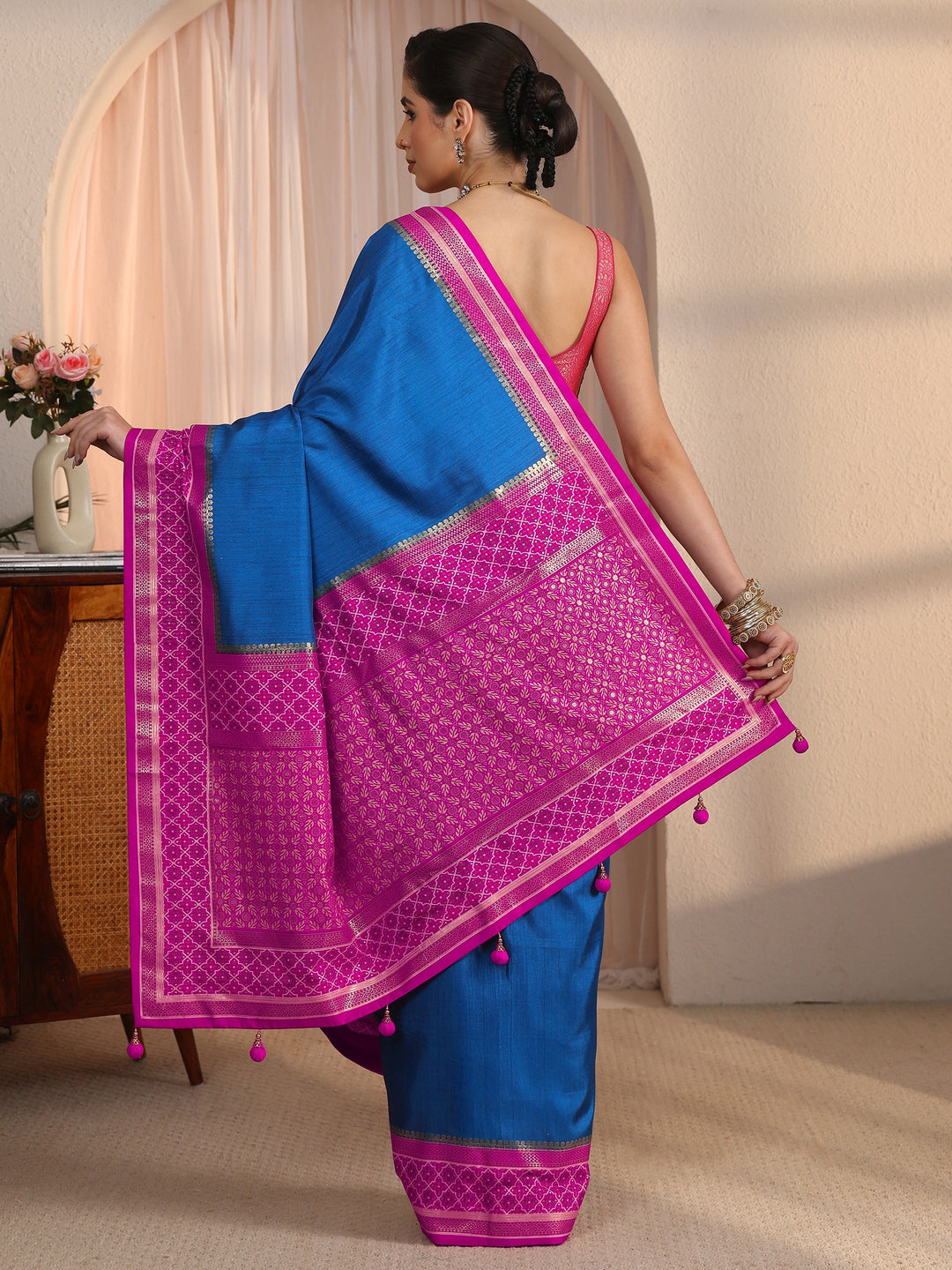Libas Blue and Pink Silk Blend Saree with Printed Border