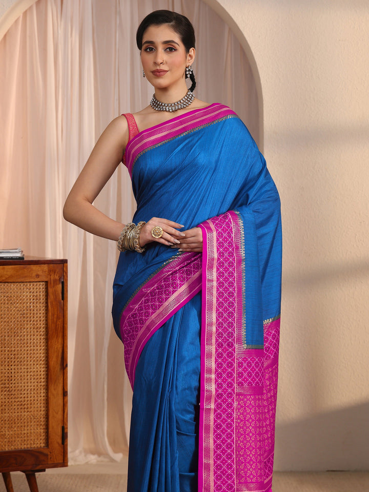 Libas Blue and Pink Silk Blend Saree with Printed Border