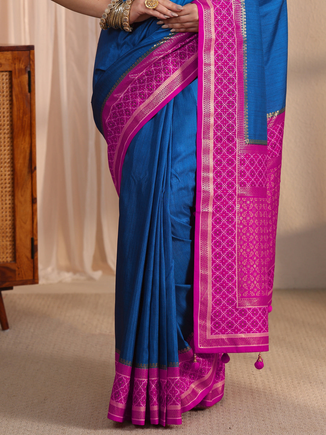 Libas Blue and Pink Silk Blend Saree with Printed Border