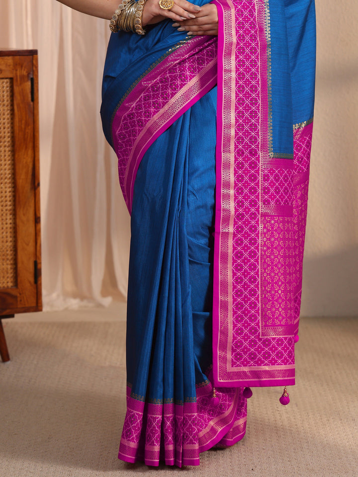 Libas Blue and Pink Silk Blend Saree with Printed Border