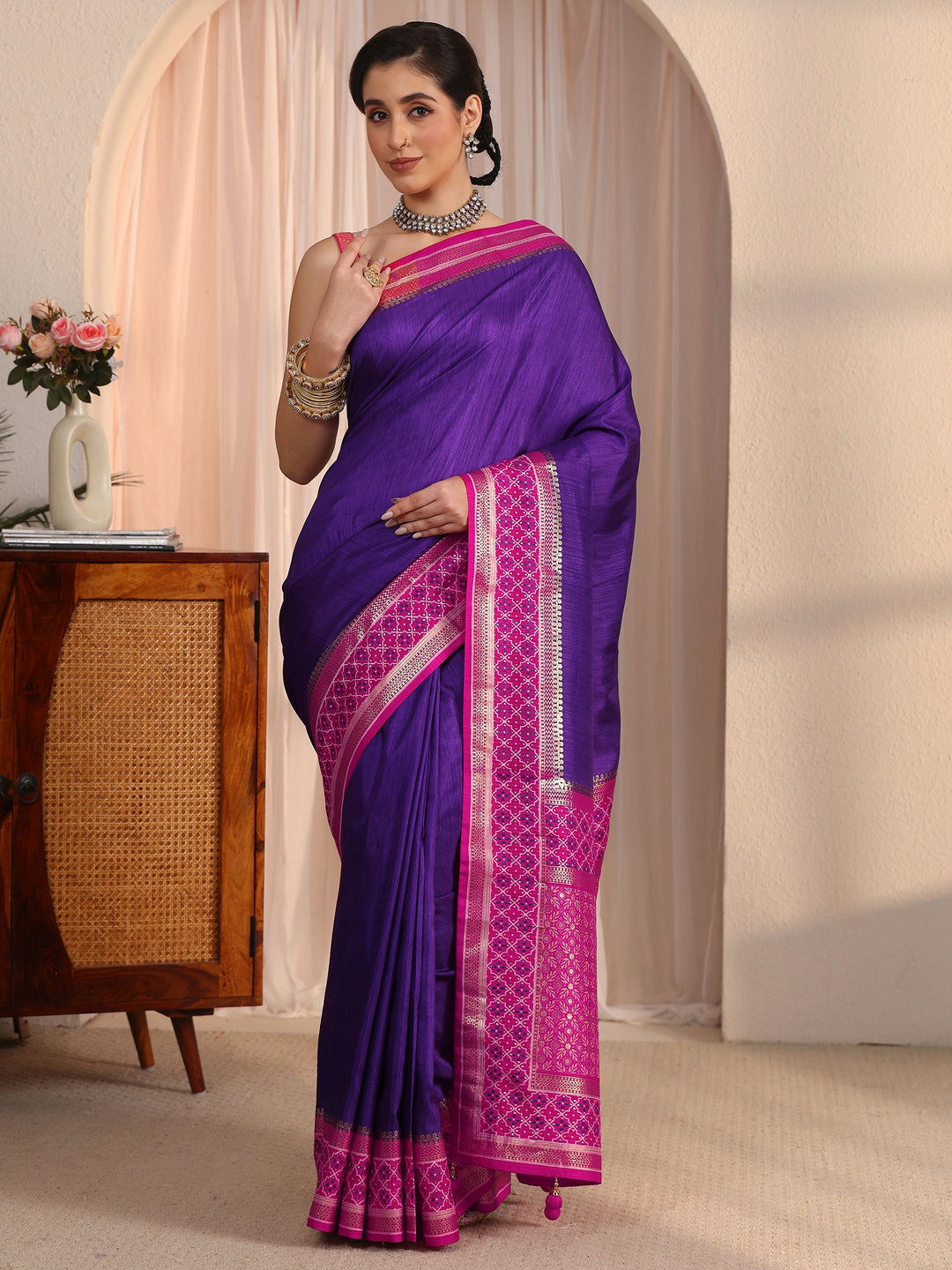 Libas Purple and Pink Silk Blend Saree with Printed Border