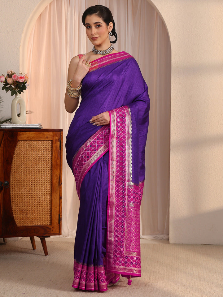 Libas Purple and Pink Silk Blend Saree with Printed Border