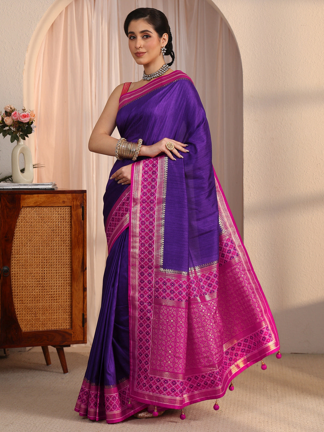 Libas Purple and Pink Silk Blend Saree with Printed Border