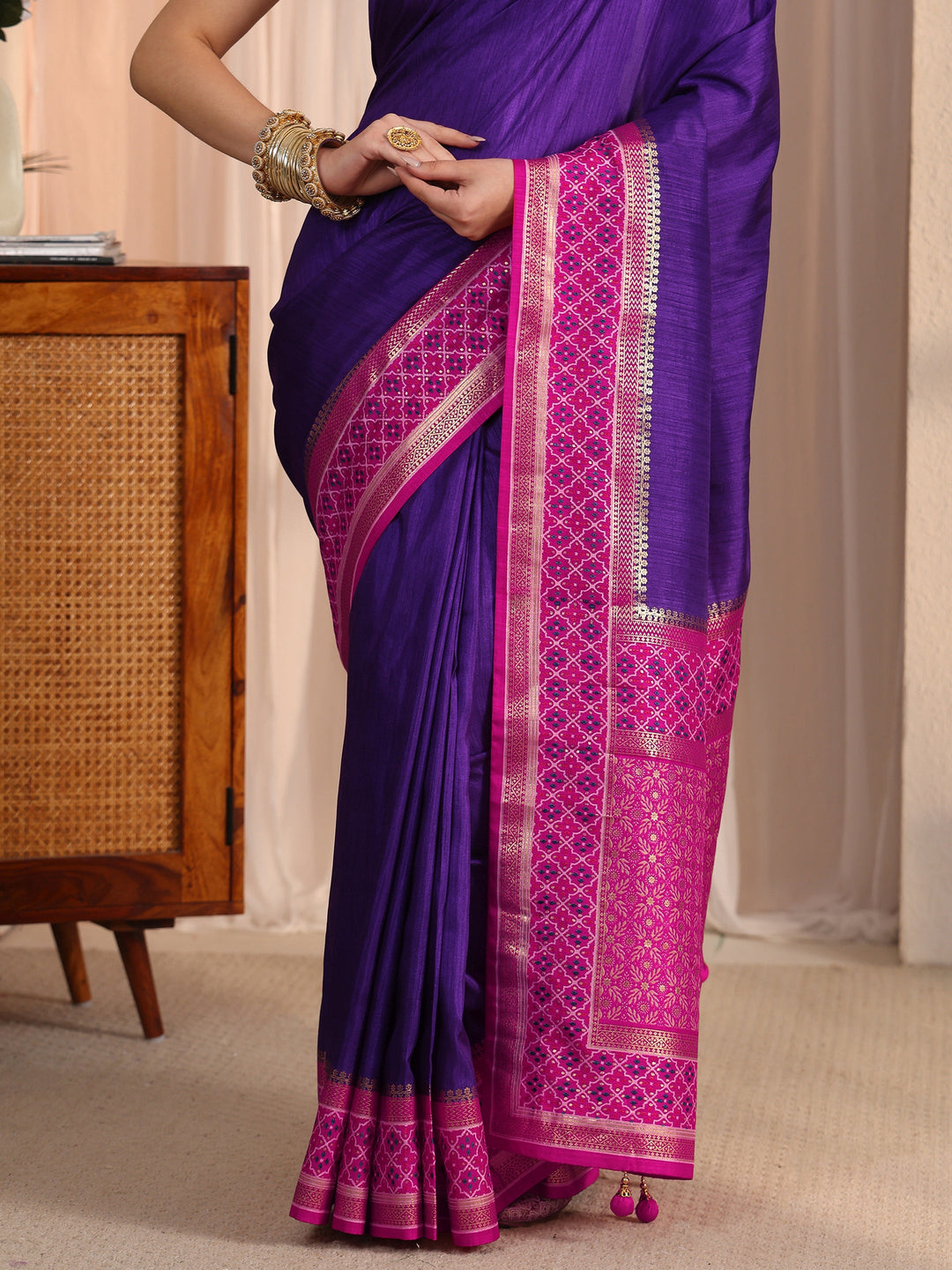Libas Purple and Pink Silk Blend Saree with Printed Border