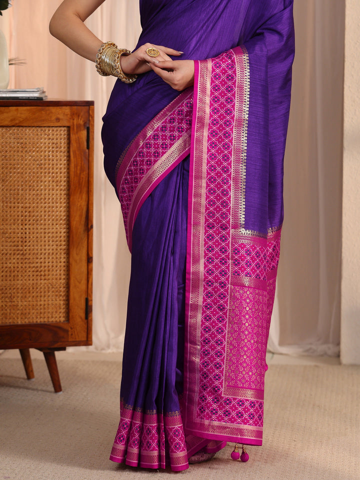 Libas Purple and Pink Silk Blend Saree with Printed Border
