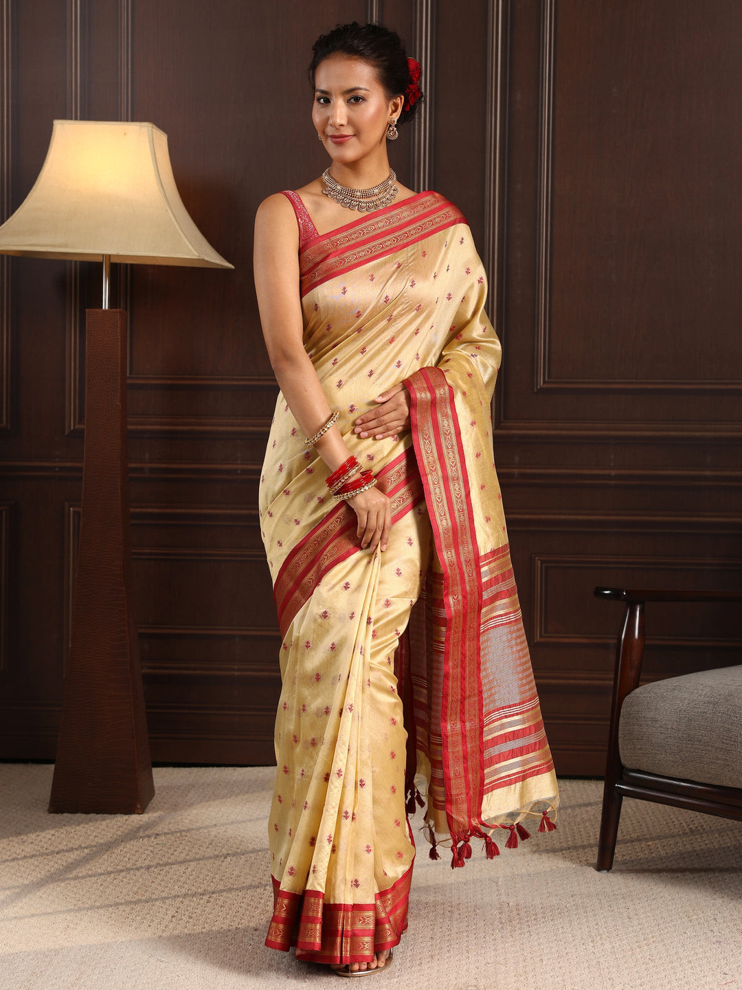 Libas Beige Ethnic Motif Woven Design Silk Blend Saree