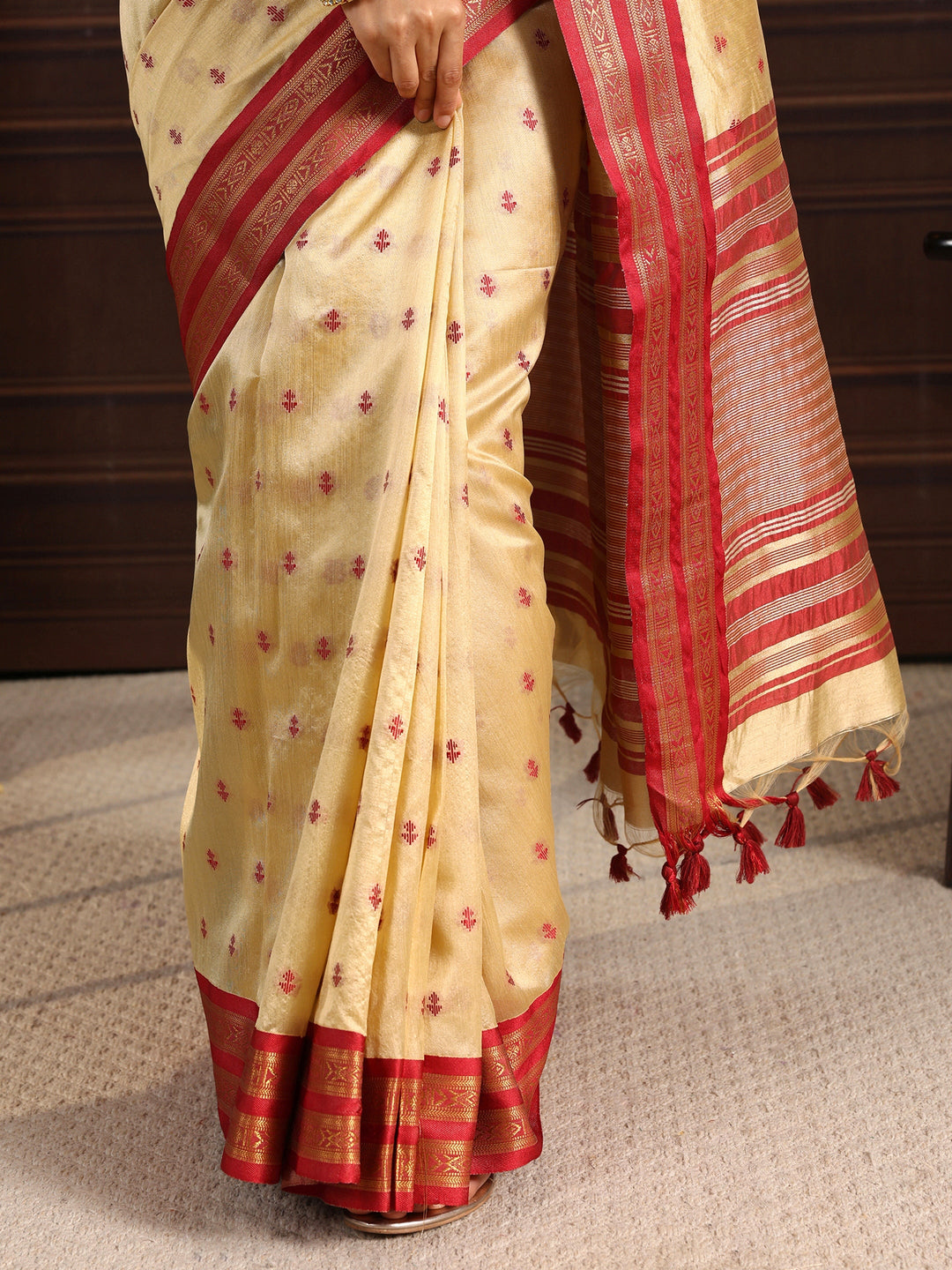 Libas Beige Ethnic Motif Woven Design Silk Blend Saree