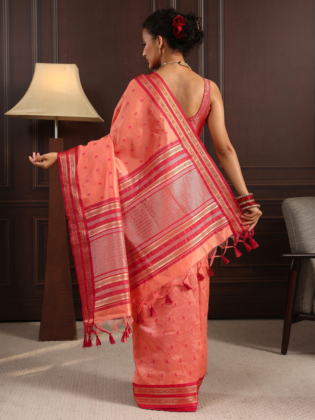 Libas Peach Ethnic Motif Woven Design Silk Blend Saree