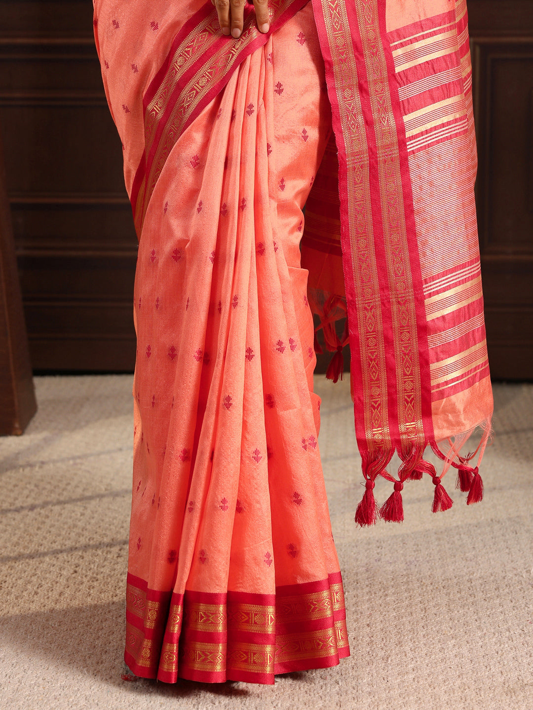 Libas Peach Ethnic Motif Woven Design Silk Blend Saree