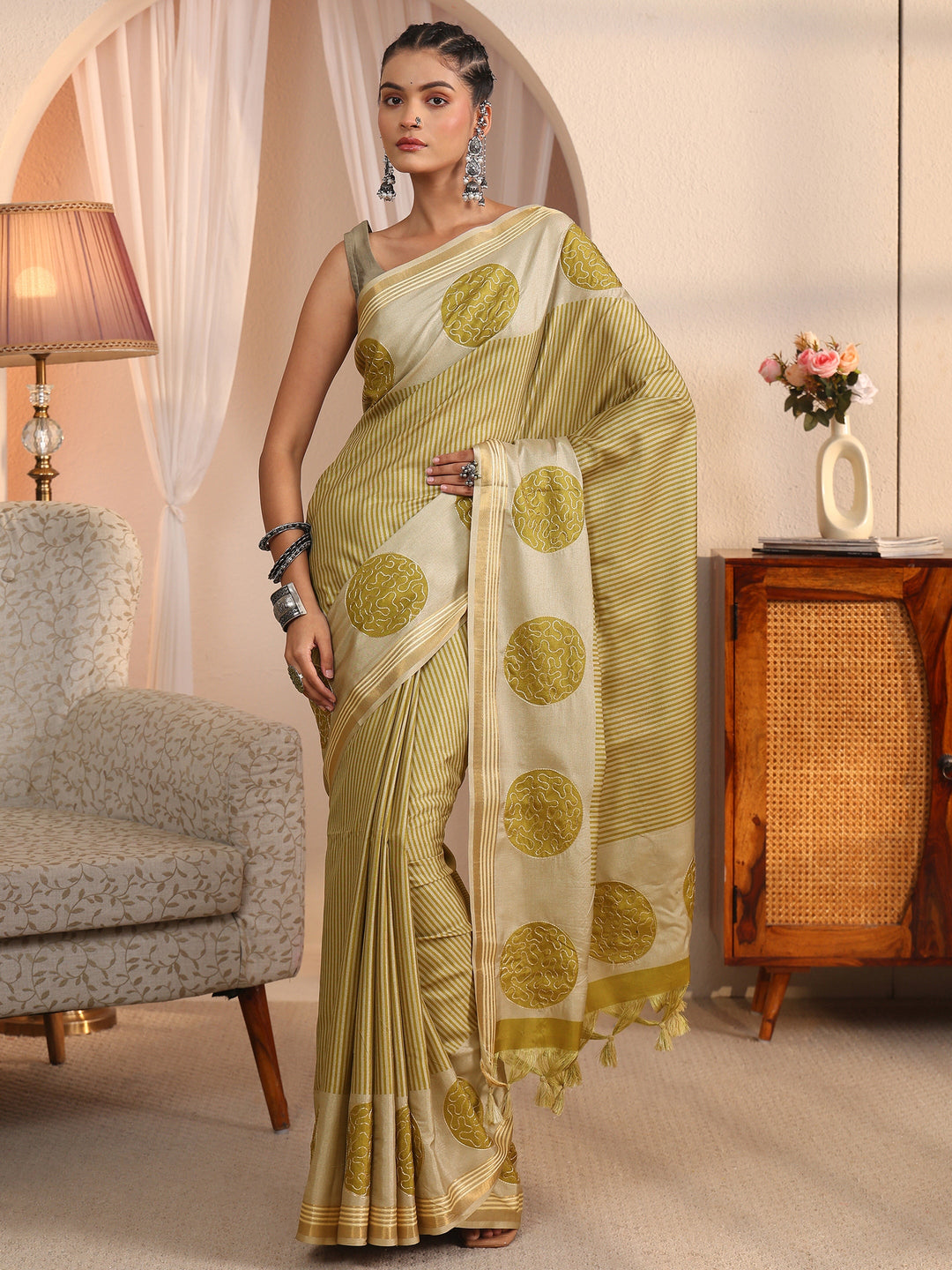 Libas Beige and Green Striped Printed Silk Blend Tassel Saree