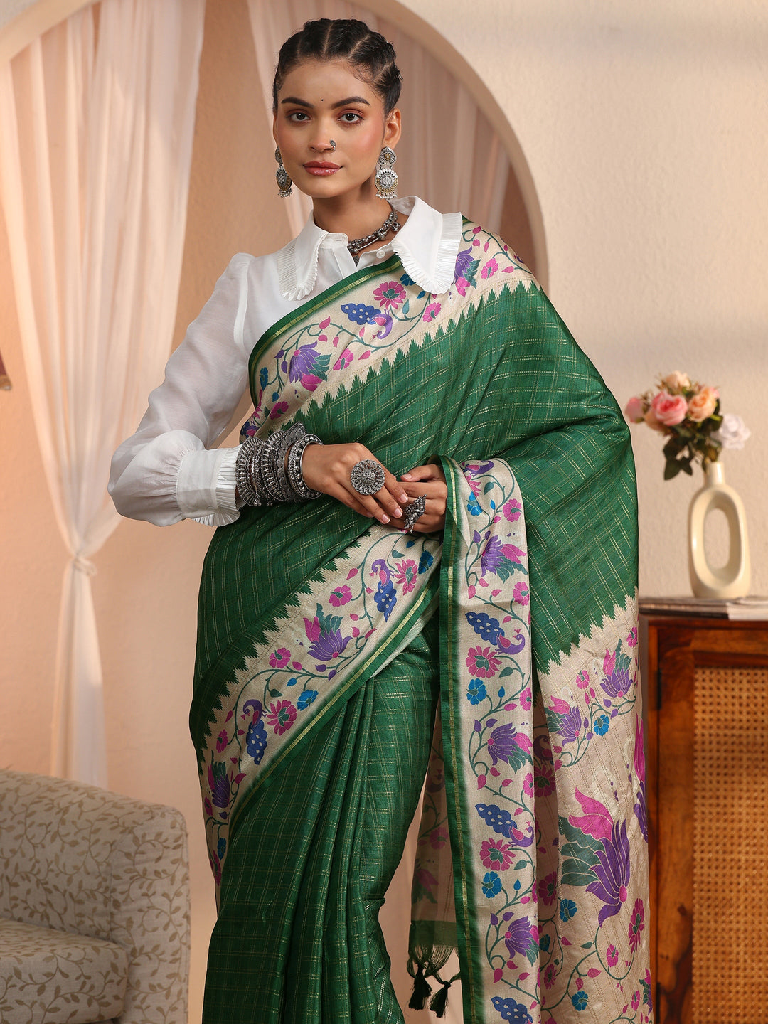 Libas Bottle Green Paithani Silk Blend Tassel Saree
