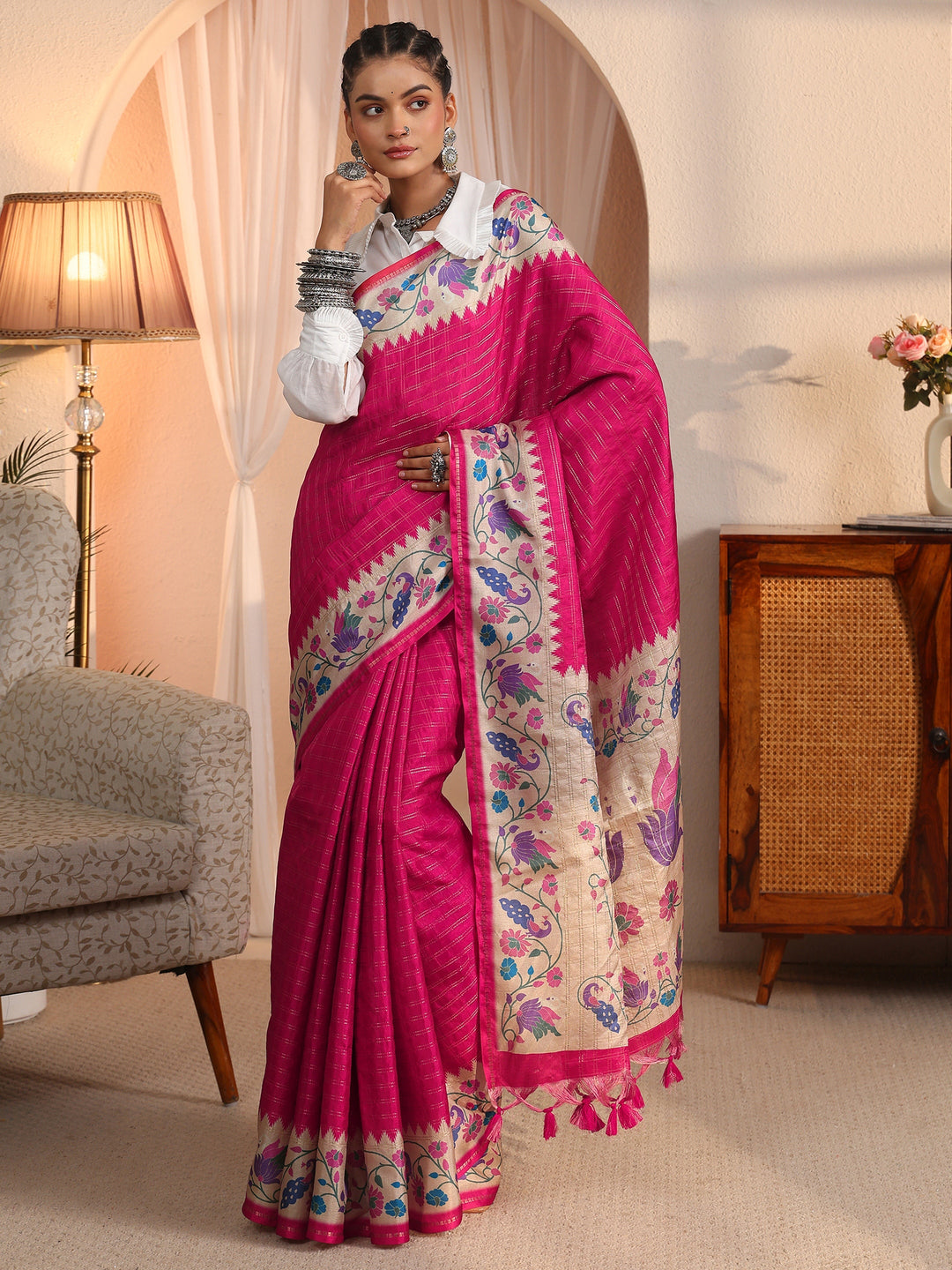 Libas Rani Pink Paithani Silk Blend Tassel Saree