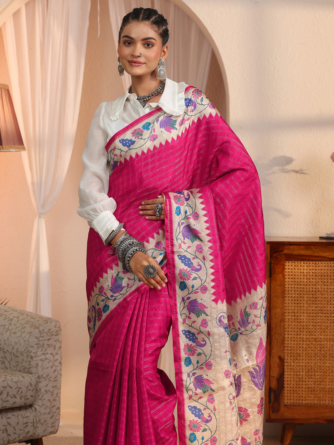 Libas Rani Pink Paithani Silk Blend Tassel Saree