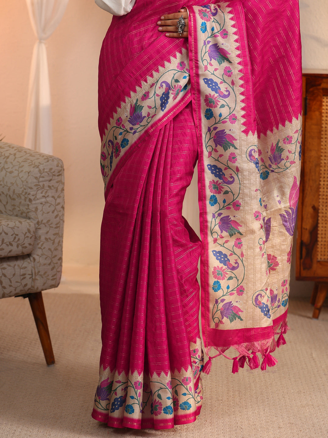 Libas Rani Pink Paithani Silk Blend Tassel Saree