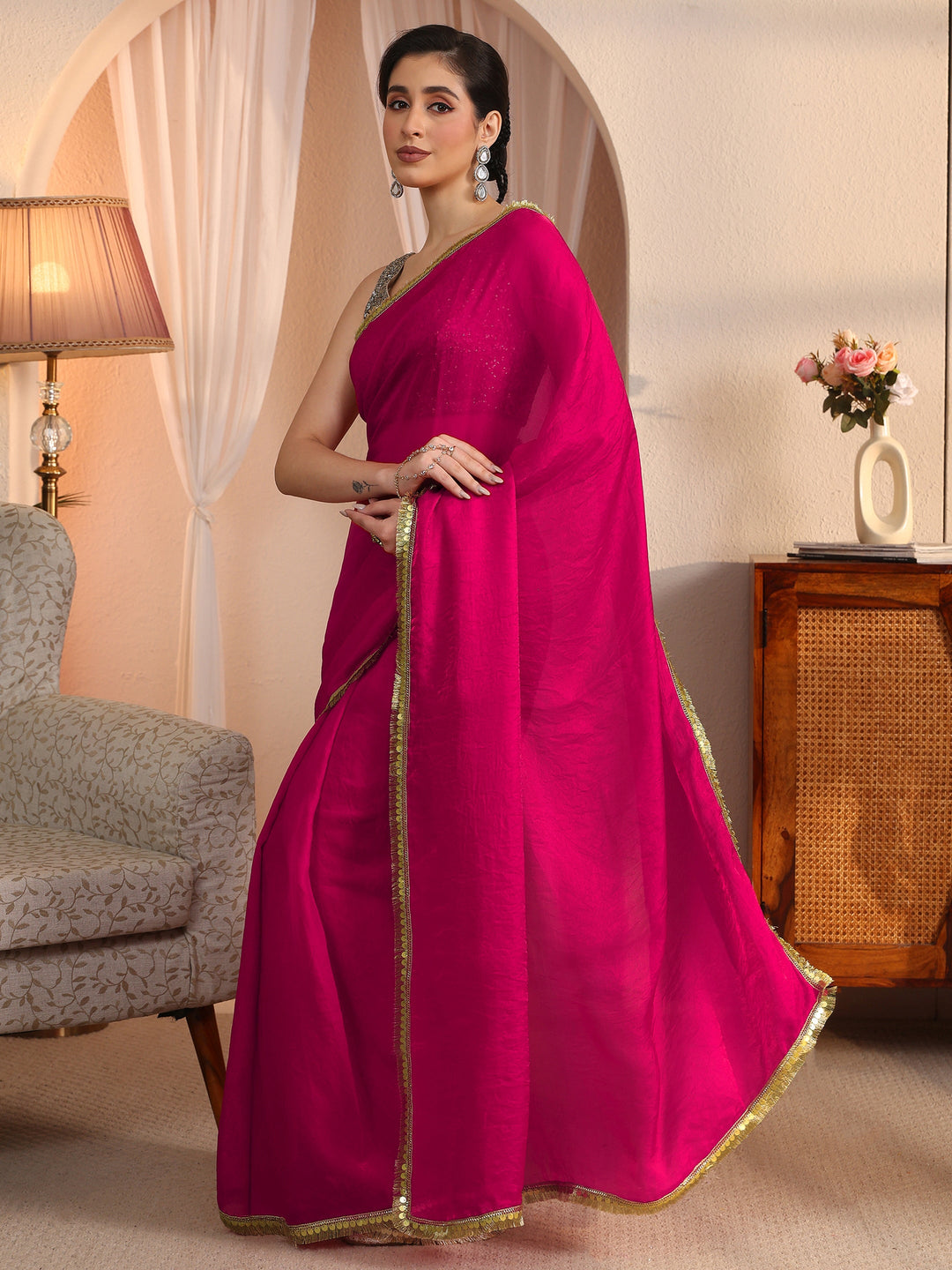 Libas Rani Pink Tissue Saree with Embellished Border