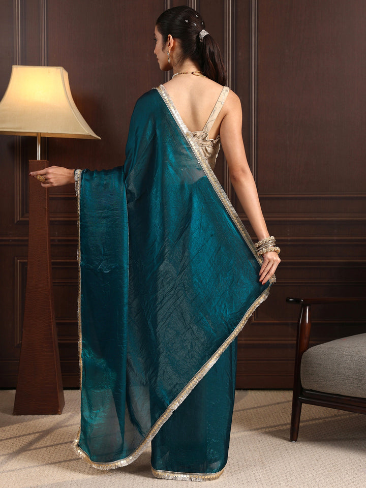 Libas Blue Tissue Saree with Gota Border