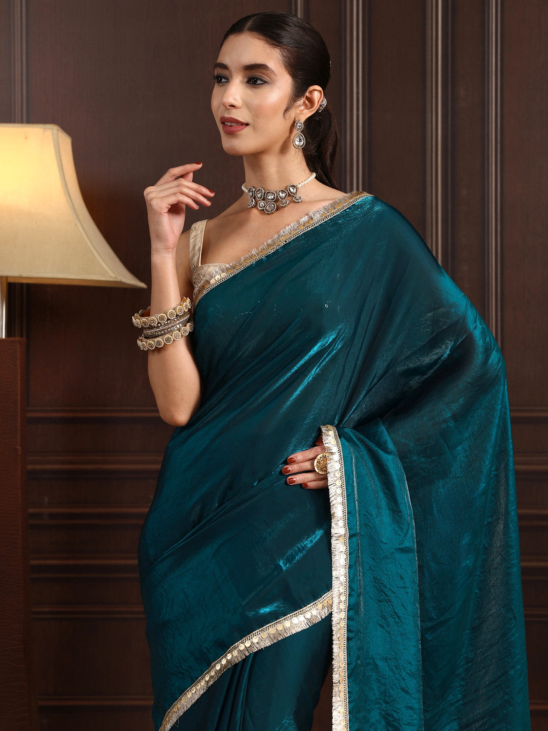 Libas Blue Tissue Saree with Gota Border
