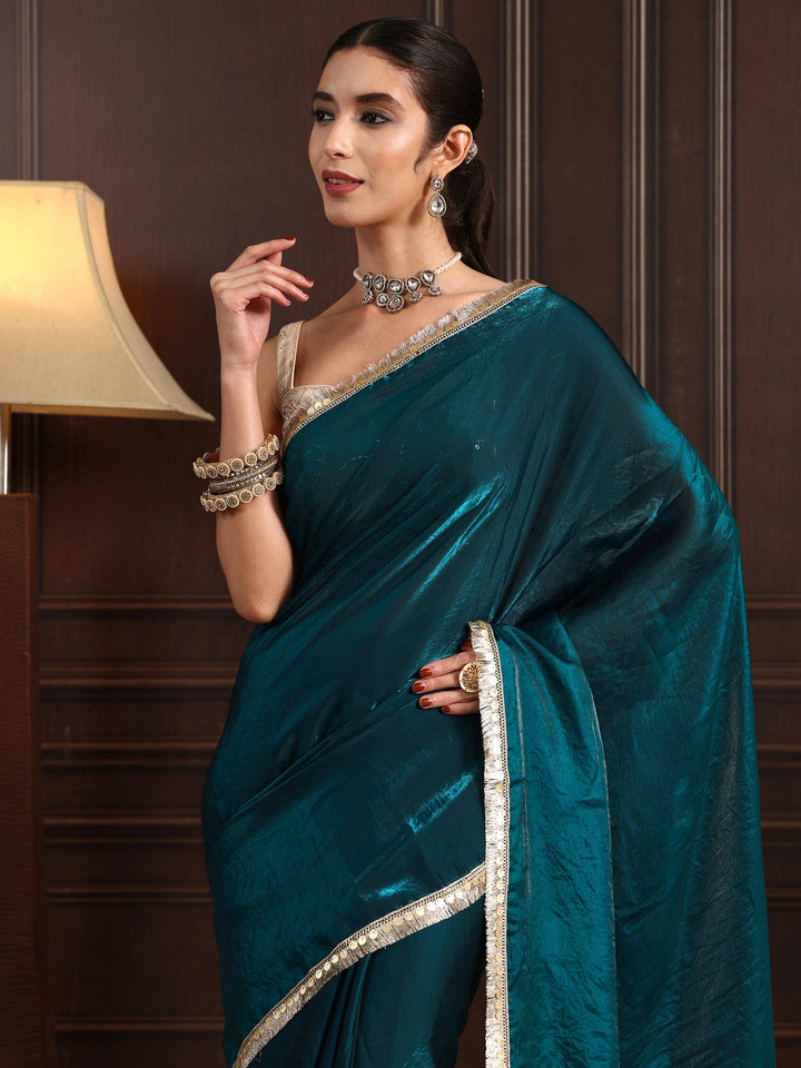 Libas Blue Tissue Saree with Gota Border