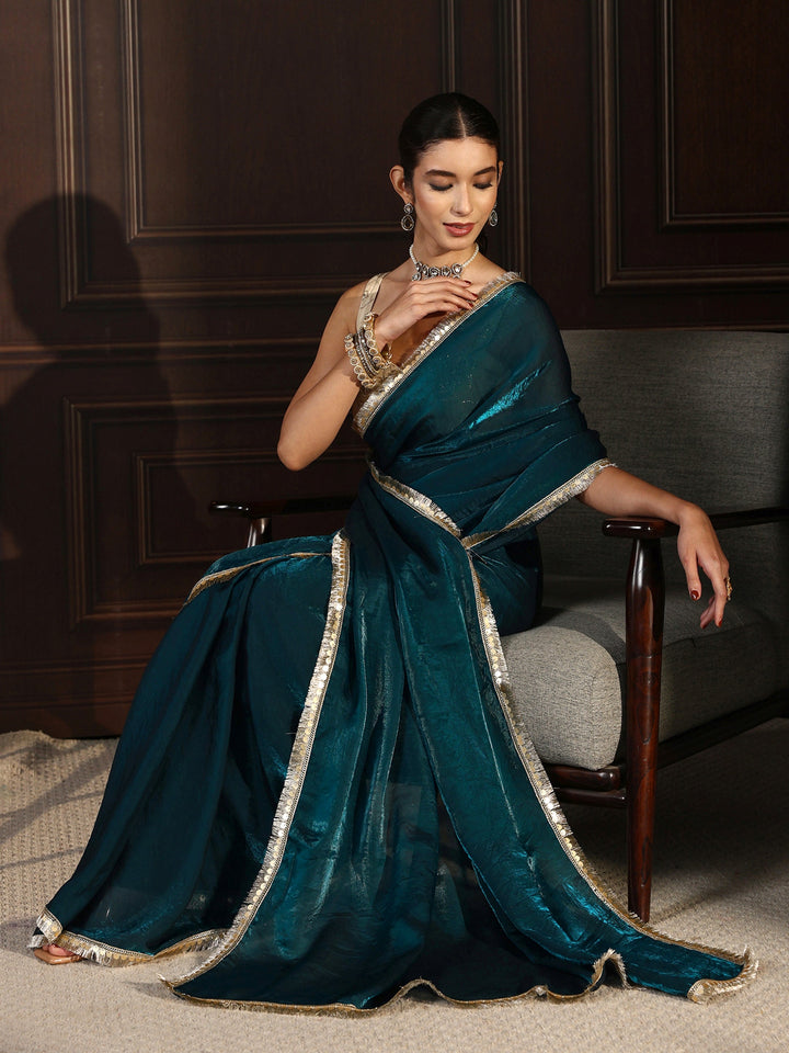 Libas Blue Tissue Saree with Gota Border