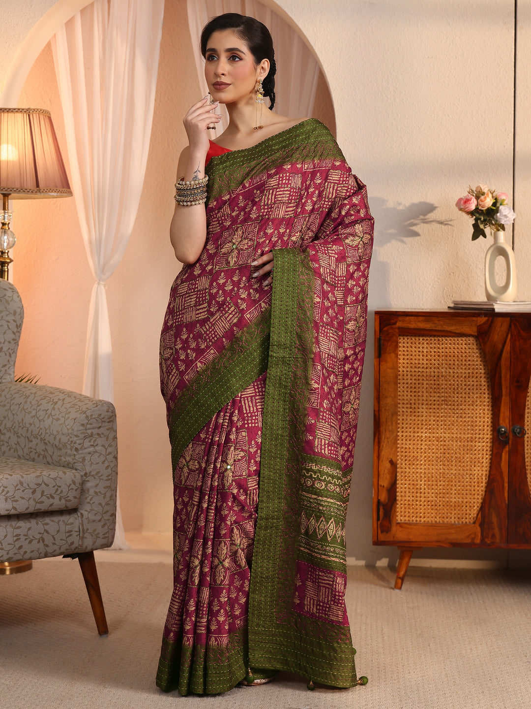 Libas Rust and Green Multi Ethnic Printed Silk Blend Saree