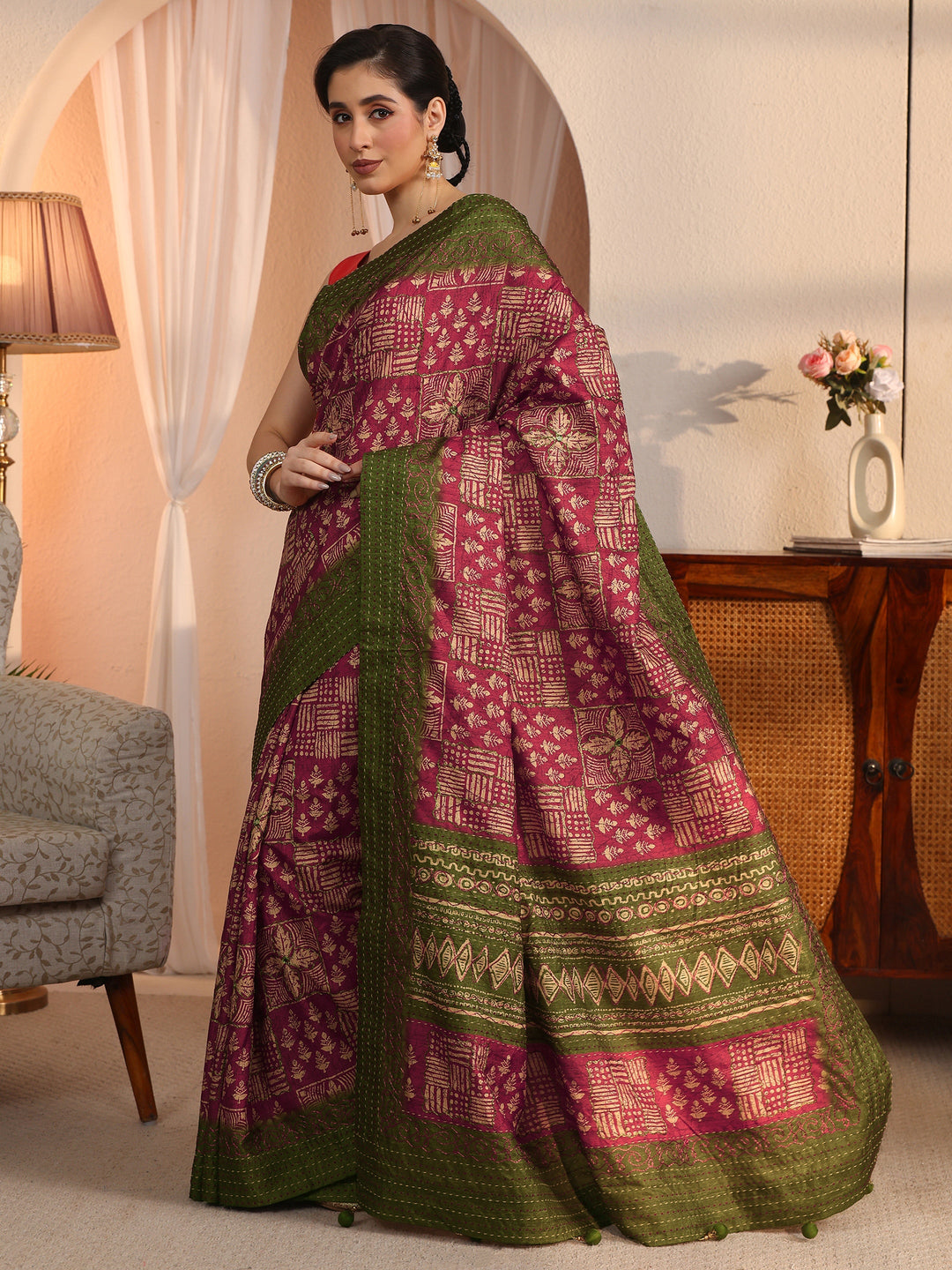 Libas Rust and Green Multi Ethnic Printed Silk Blend Saree
