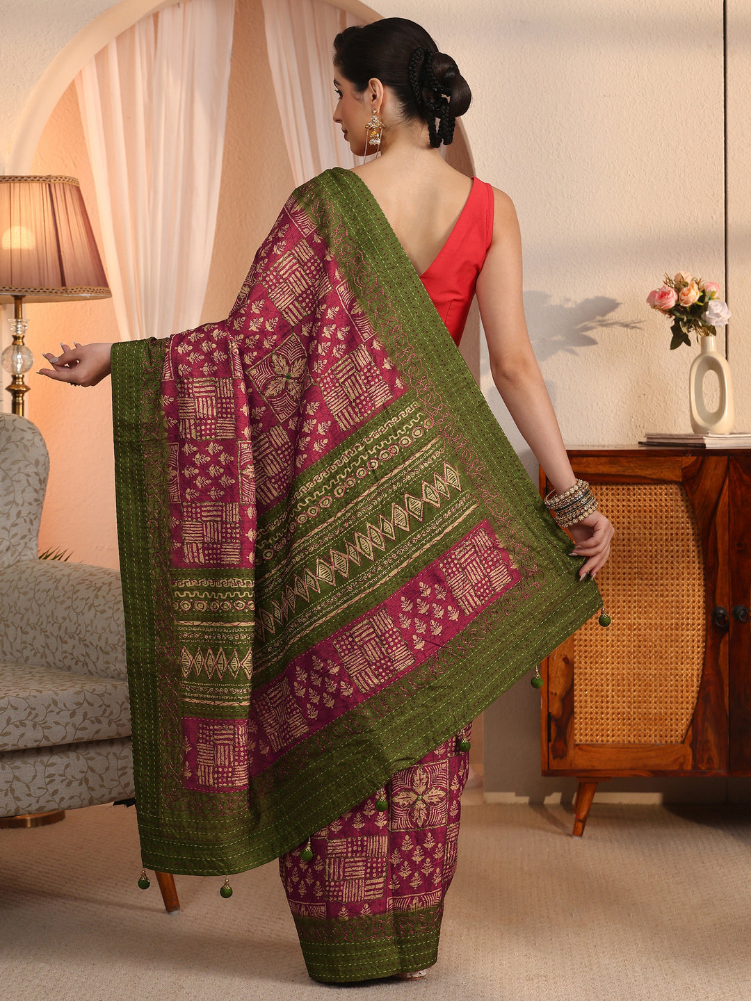 Libas Rust and Green Multi Ethnic Printed Silk Blend Saree
