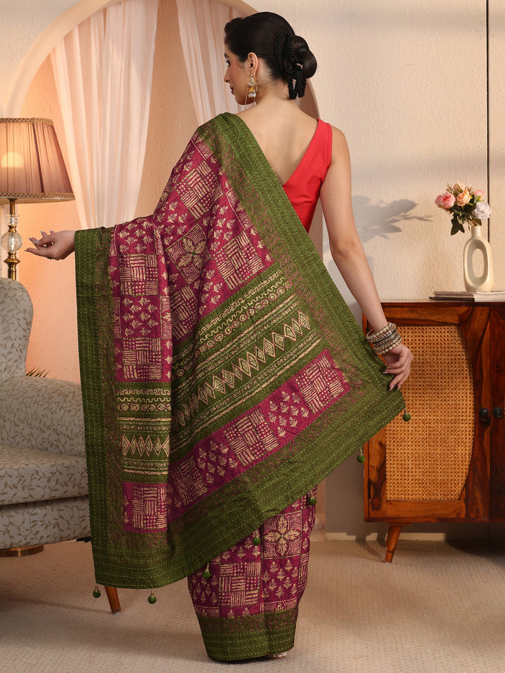 Libas Rust and Green Multi Ethnic Printed Silk Blend Saree
