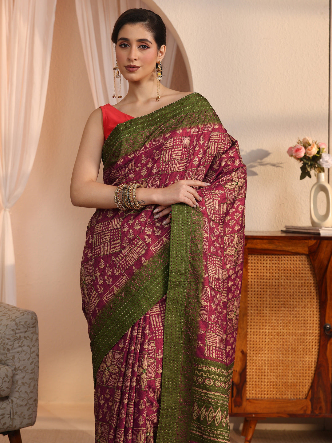 Libas Rust and Green Multi Ethnic Printed Silk Blend Saree