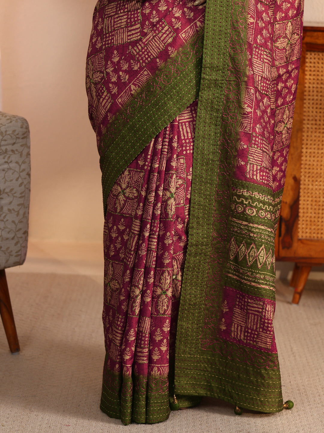 Libas Rust and Green Multi Ethnic Printed Silk Blend Saree