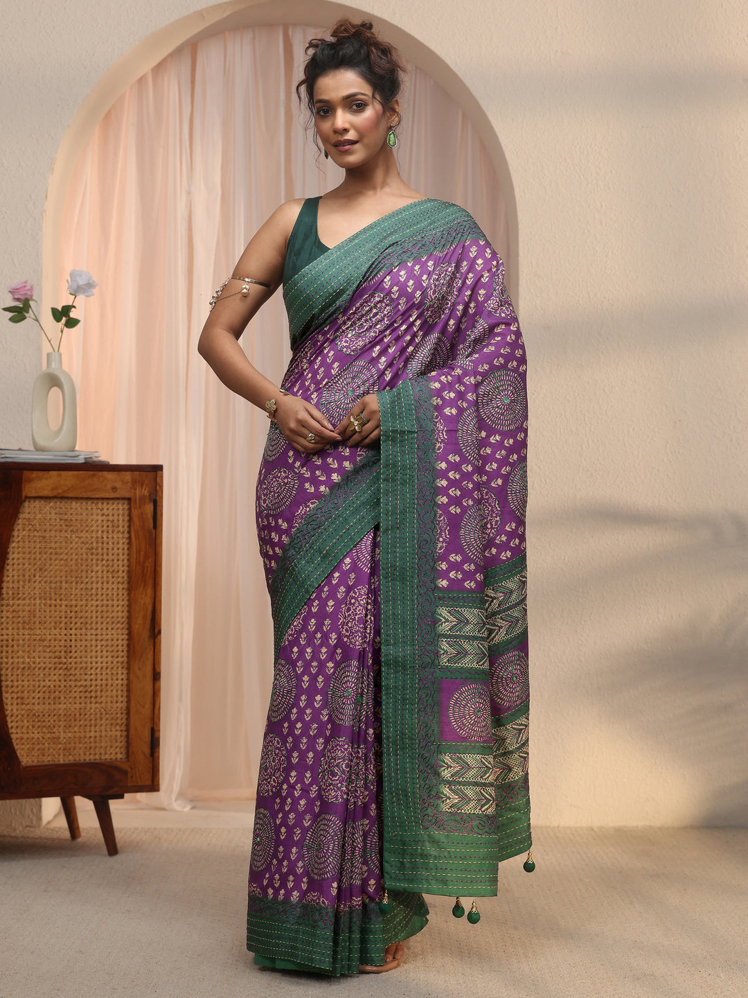 Libas Purple Tribal Printed Silk Blend Saree