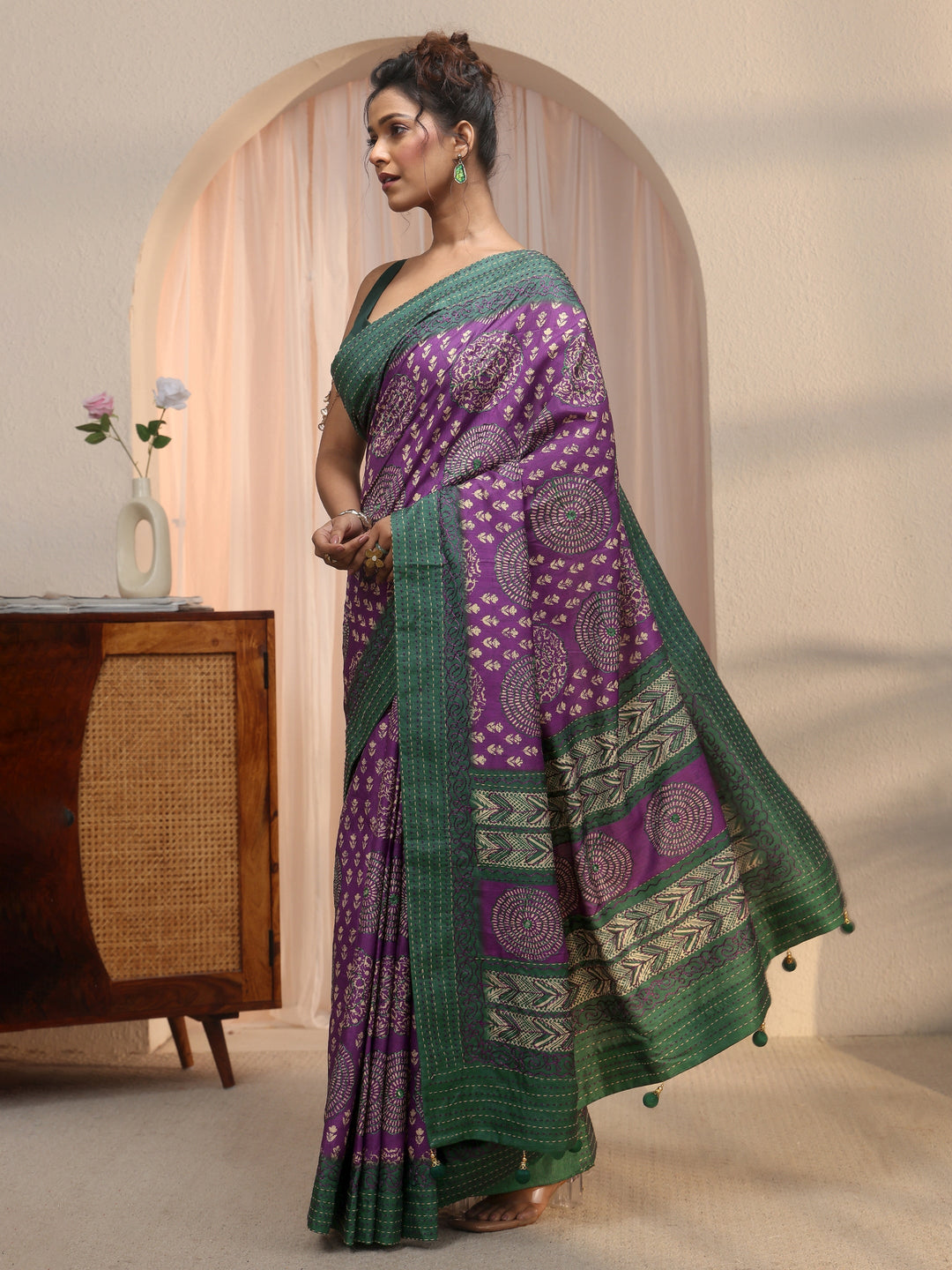 Libas Purple Tribal Printed Silk Blend Saree